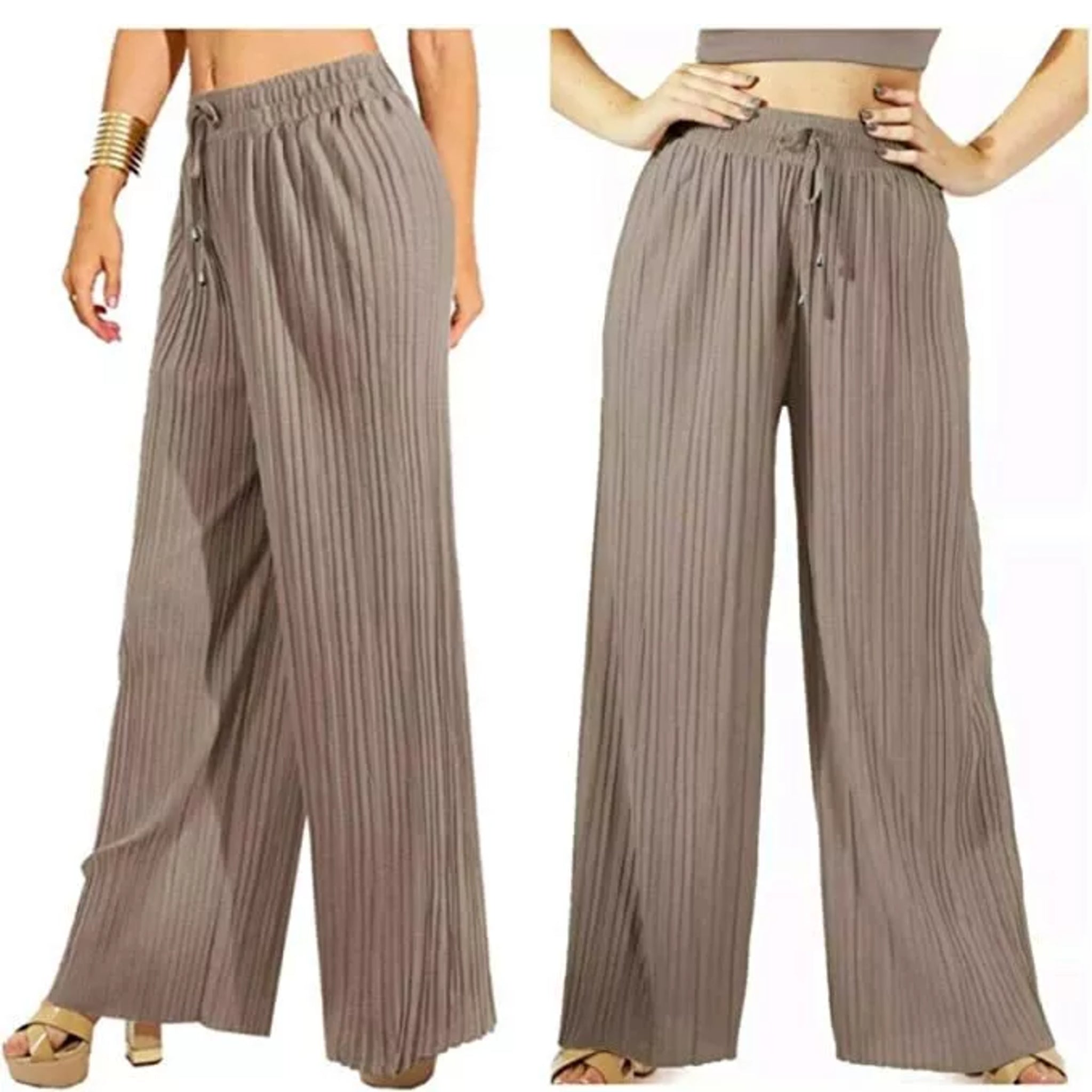 Women's beige pleated wide leg trousers with elastic waist and drawstring, lightweight summer palazzo pants